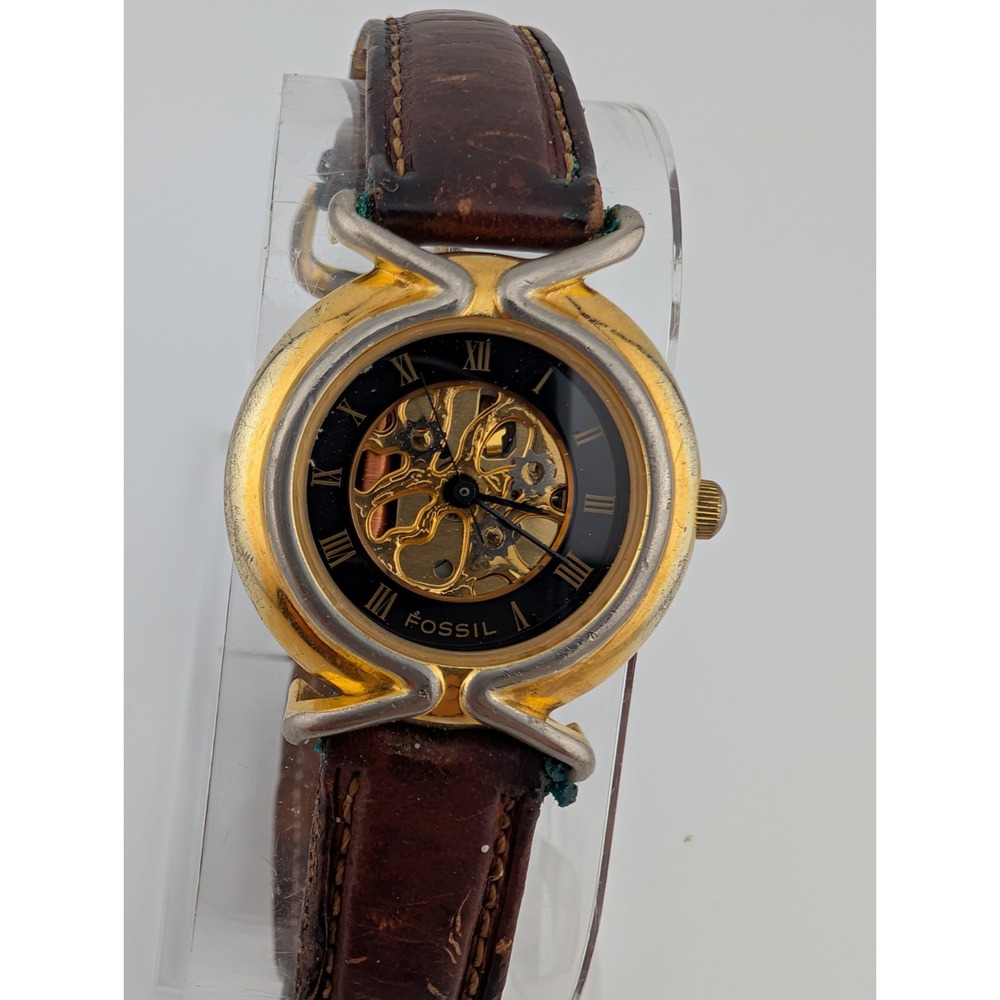 Vintage Fossil Skeleton Dial‎ Watch Women 26mm Case Leather Band- New Battery